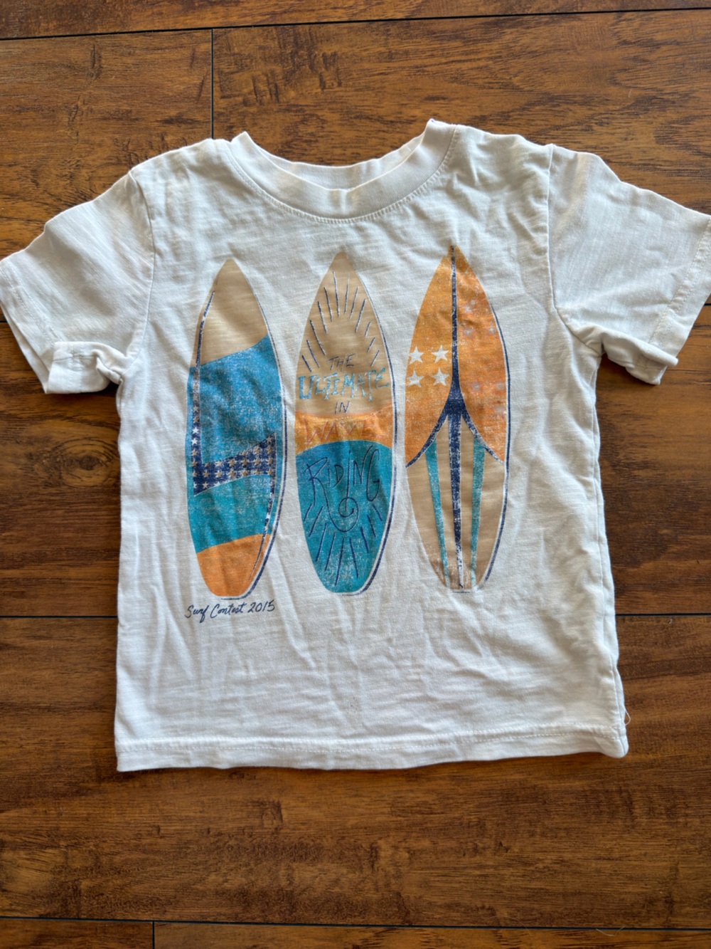 Cherokee White Tee with Blue & Orange Surfboard Graphics